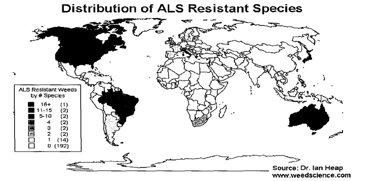 Fig: World distribution of ALS resistant weed speciesACCase inhibitors (All)