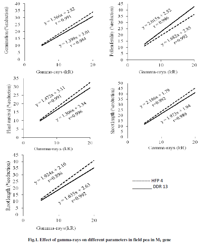 Fig: Effect of gamma-rays on different parameters in field pea in M1 gene.